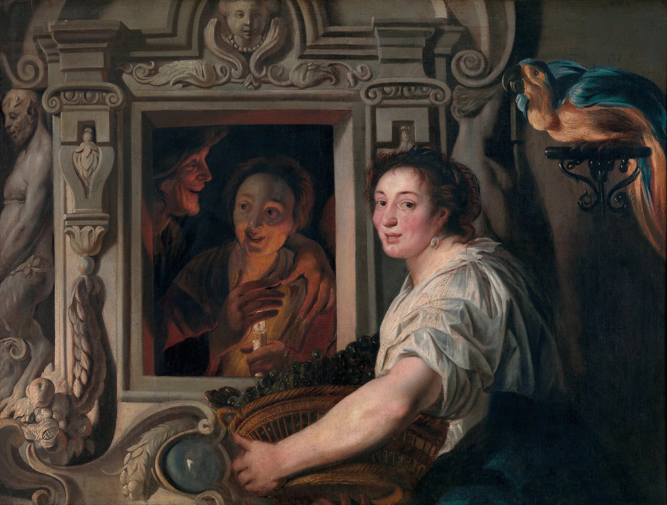 Une servante avec un panier de fruits et deux amoureux - Jacob Jordaens image 1 copie de tableau peinte à la main