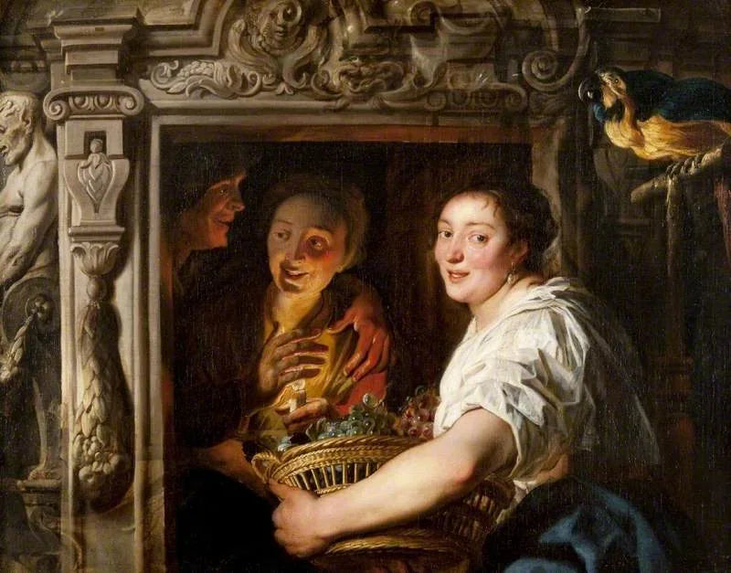 Une servante avec un panier de fruits et deux amoureux - Jacob Jordaens image 1 copie de tableau peinte à la main