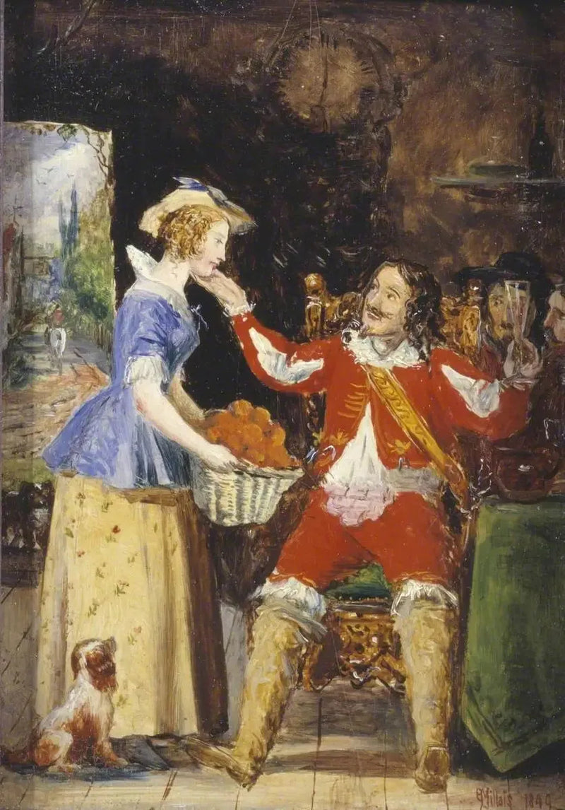 Una serva che offre un paniere di frutta a un cavaliere - John Everett Millais