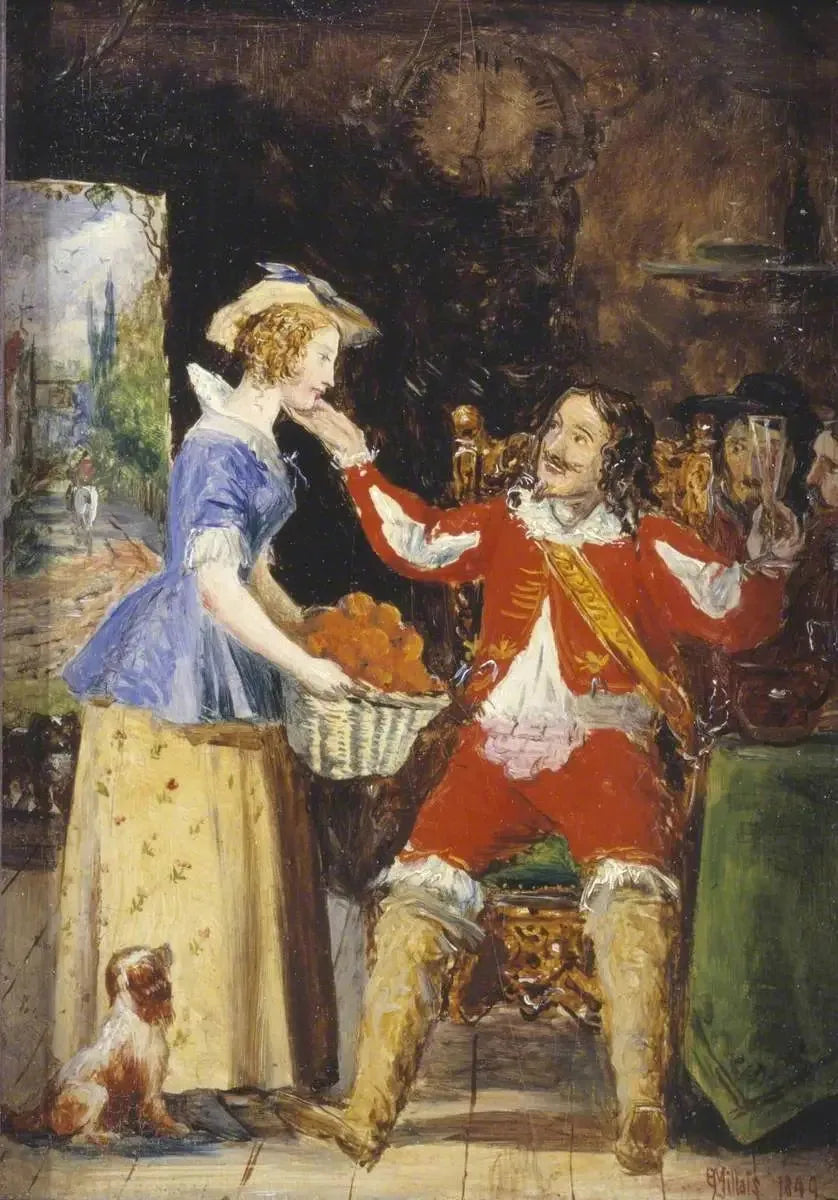 Una serva che offre un paniere di frutta a un cavaliere - John Everett Millais