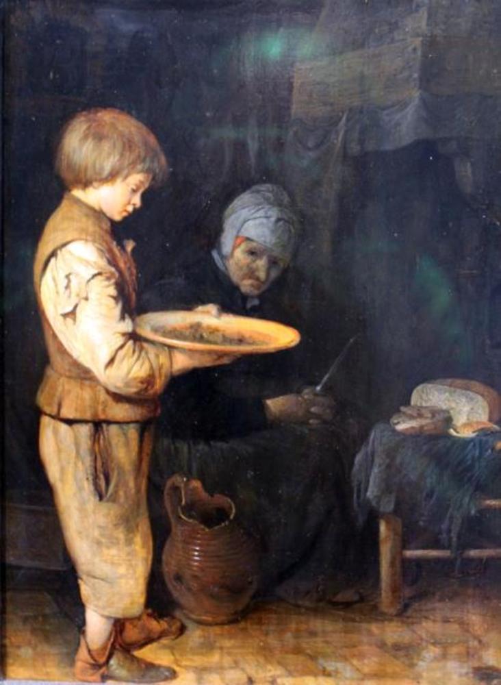 Une vieille femme et un garçon prennent un repas modeste. - Gerard ter Borch