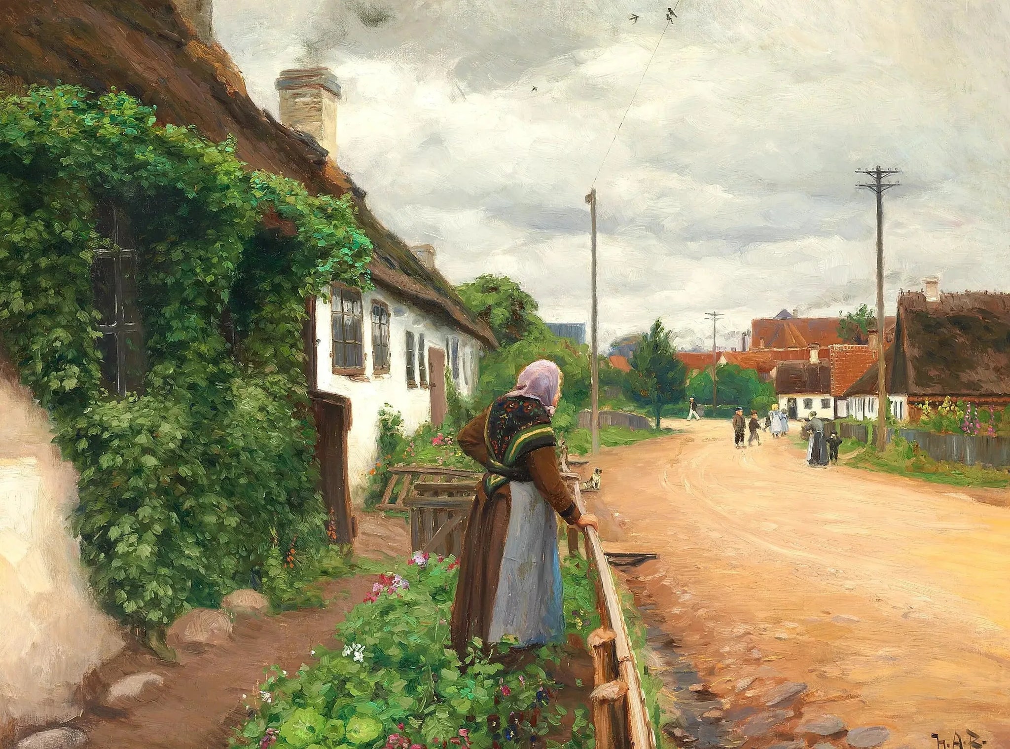 Une vieille femme regarde les enfants du village pendant qu'ils jouent. - H. A. Brendekilde image 1 reproduction de peinture à l’huile