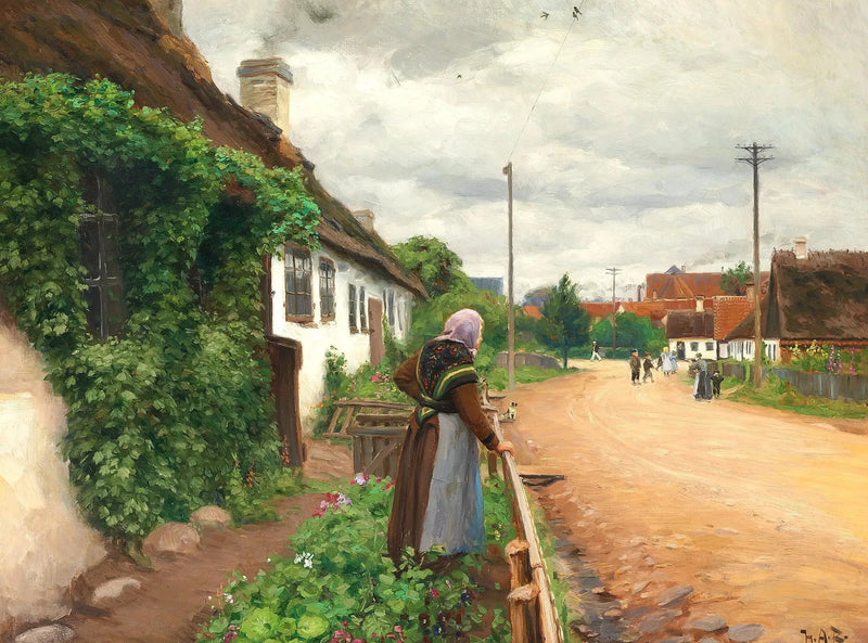 Una vecchia donna guarda i bambini del villaggio mentre giocano. - H. A. Brendekilde