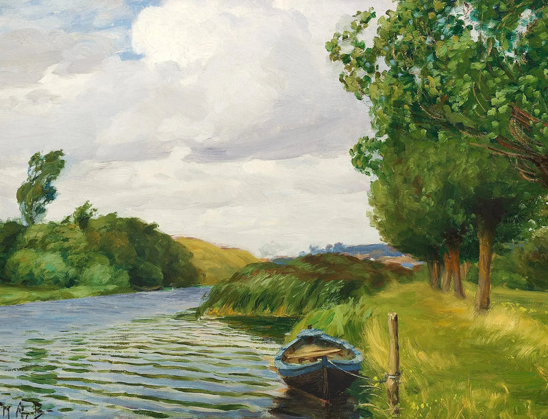 Una vista del fiume a Odense, con una barca. - H. A. Brendekilde