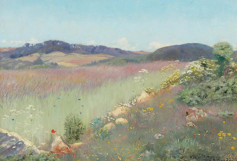 Una vista su un paesaggio estivo danese con fiori. - H. A. Brendekilde