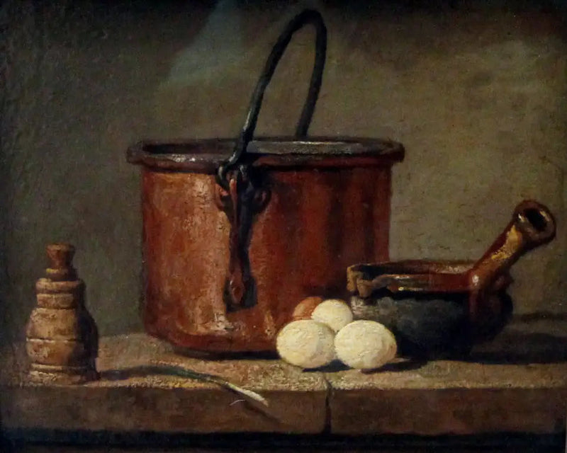 Utensili da cucina, pentola, padella e uova - Jean Siméon Chardin