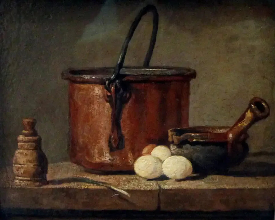 Utensili da cucina, pentola, padella e uova - Jean Siméon Chardin