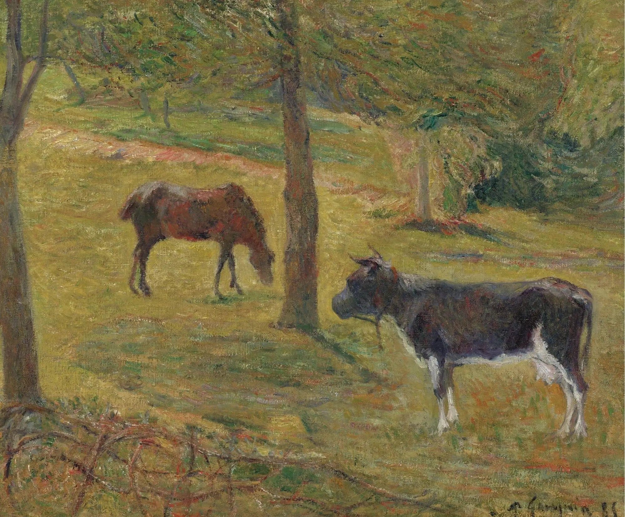 Reproduction du tableau « Vache et cheval dans un pré - Paul Gauguin » par Alpha Reproduction en peinture à l’huile