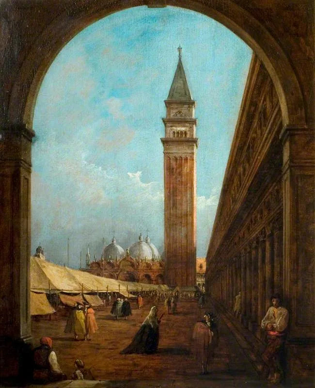 Venezia: una fiera sulla piazza San Marco vista attraverso un arco all'estremità sud-ovest - Francesco Guardi