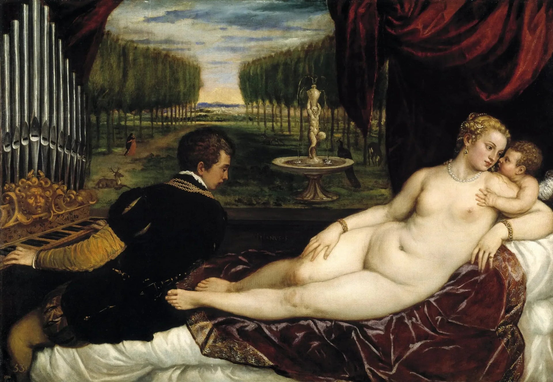 Vénus avec un organiste et Cupidon - Titian image 1 copie peinte à la main à l’huile
