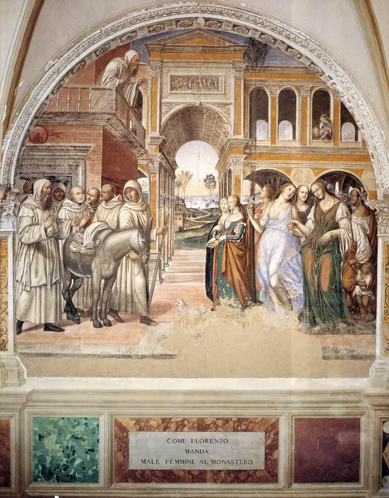 Vita di san Benedetto, scena 19: Benedetto rimanda le prostitute - Il Sodoma (Giovanni Antonio Bazzi)