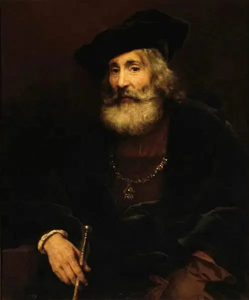 Vecchio uomo seduto con un bastone in un costume fantasioso - Rembrandt