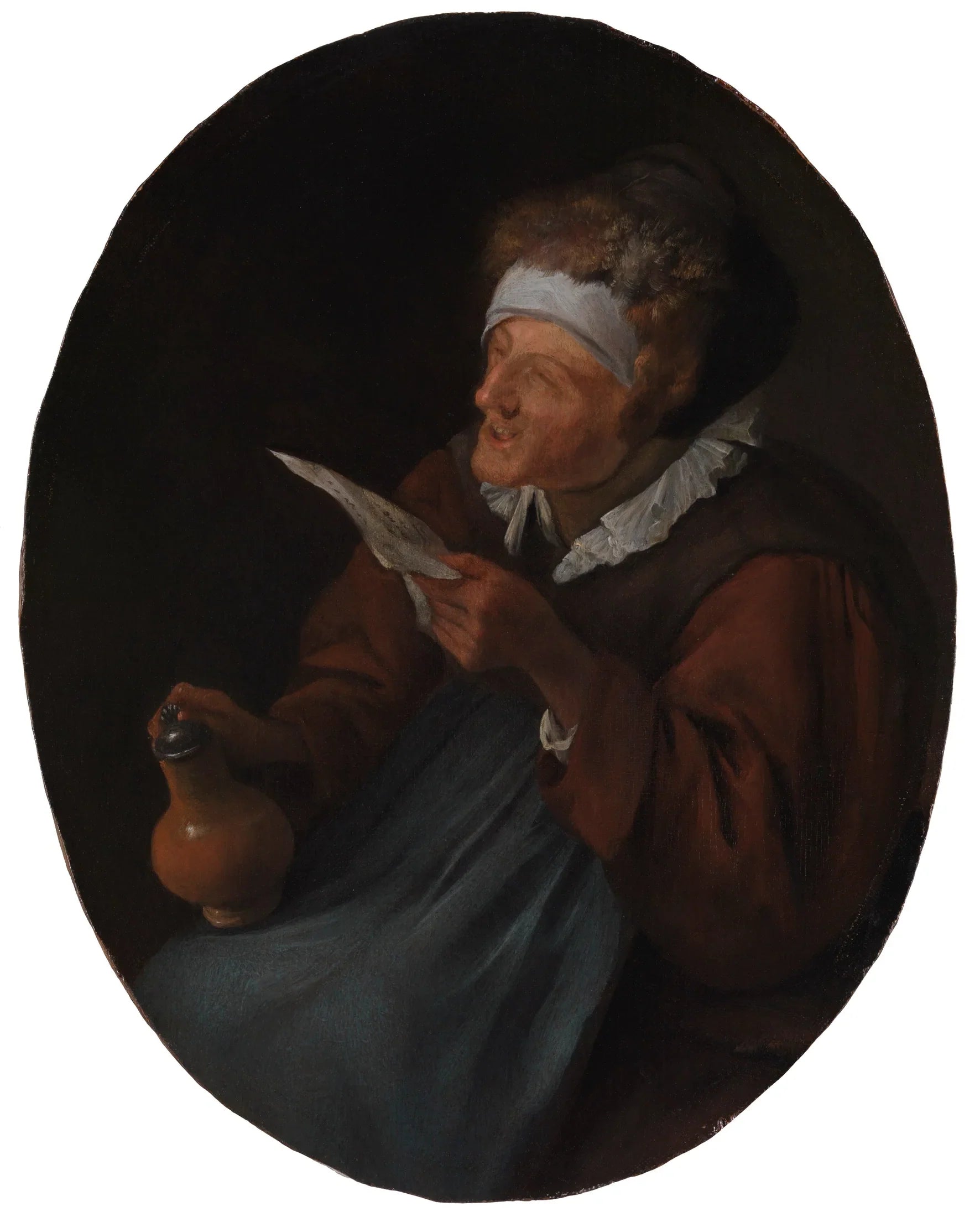 Vieille femme coiffée d'un bonnet de fourrure, tenant une cruche et chantant - Jan Steen image 1 reproduction artisanale de tableau