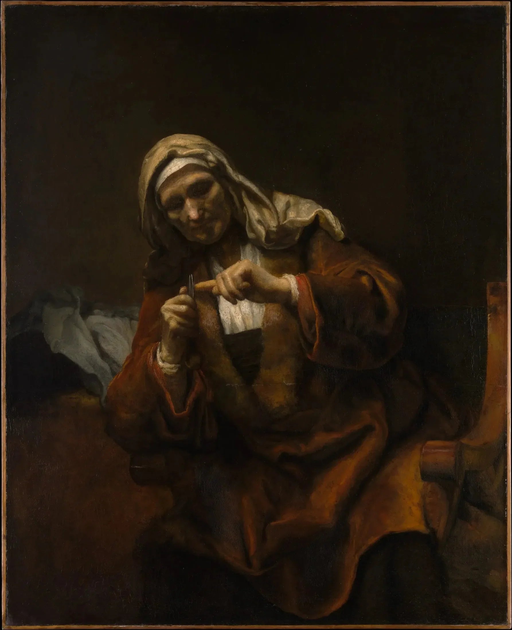Vieille femme se coupant les ongles - Rembrandt image 1 copie de tableau peinte à la main