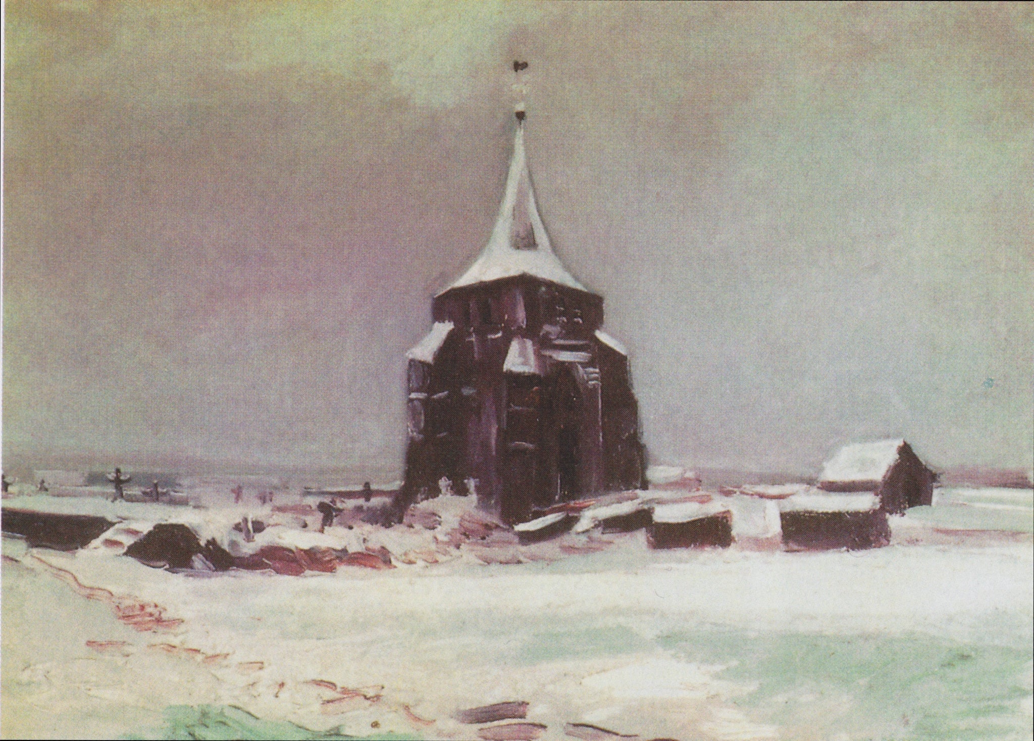 Vieille tour du cimetière de Nuenen sous la neige F87 — ruine sombre isolée dans un paysage blanc par Vincent van Gogh