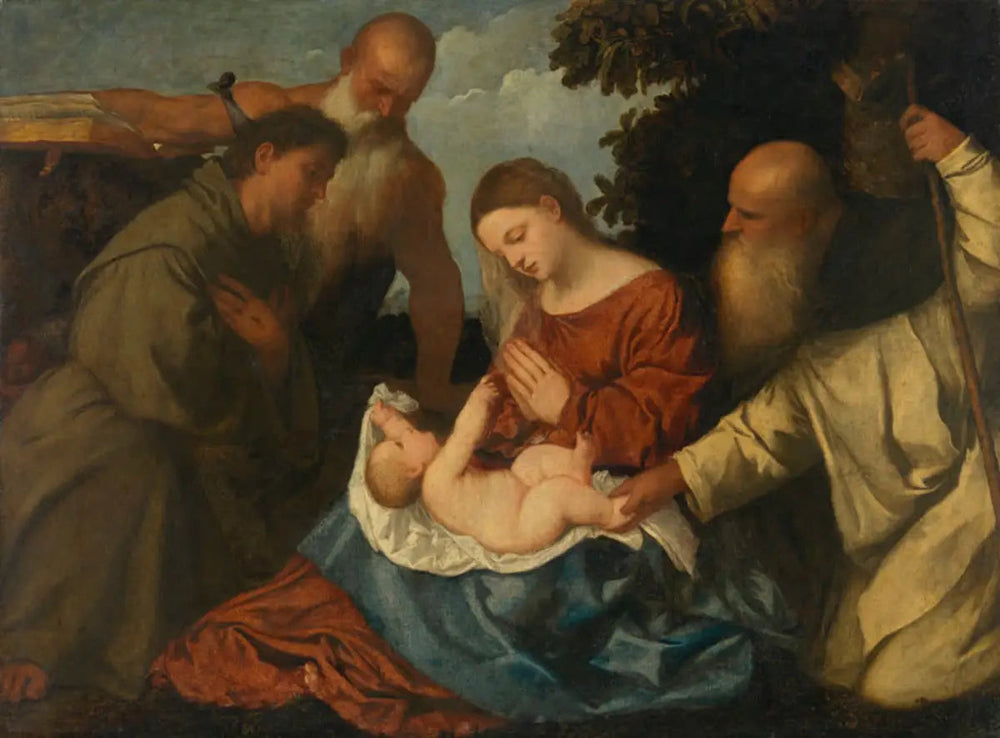 Vierge à l'Enfant avec les saints Antoine Abbé, Jérôme et François - Titian image 1 reproduction de peinture à l’huile