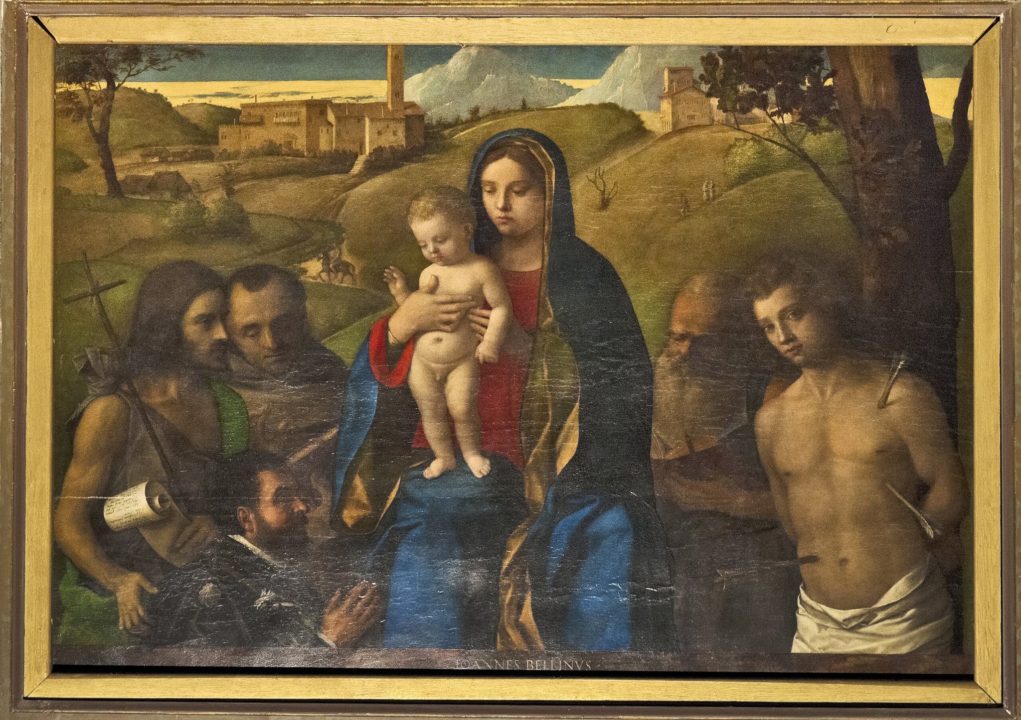 Vierge à l'Enfant avec quatre saints (Jean-Baptiste, Francis, Jérôme et Sébastien (de gauche à droite)) et le Donateur - Giovanni Bellini image 1 copie peinte à la main à l’huile
