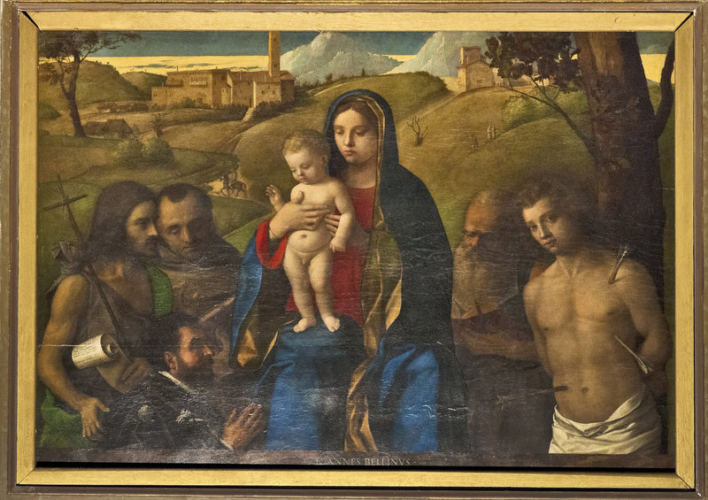 Vergine con il Bambino con quattro santi (Giovanni Battista, Francesco, Gerolamo e Sebastiano (da sinistra a destra)) e il donatore - Giovanni Bellini