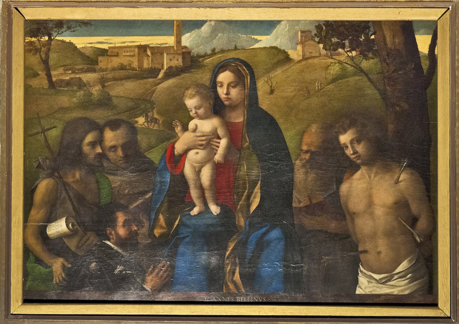 Vergine con il Bambino con quattro santi (Giovanni Battista, Francesco, Gerolamo e Sebastiano (da sinistra a destra)) e il donatore - Giovanni Bellini