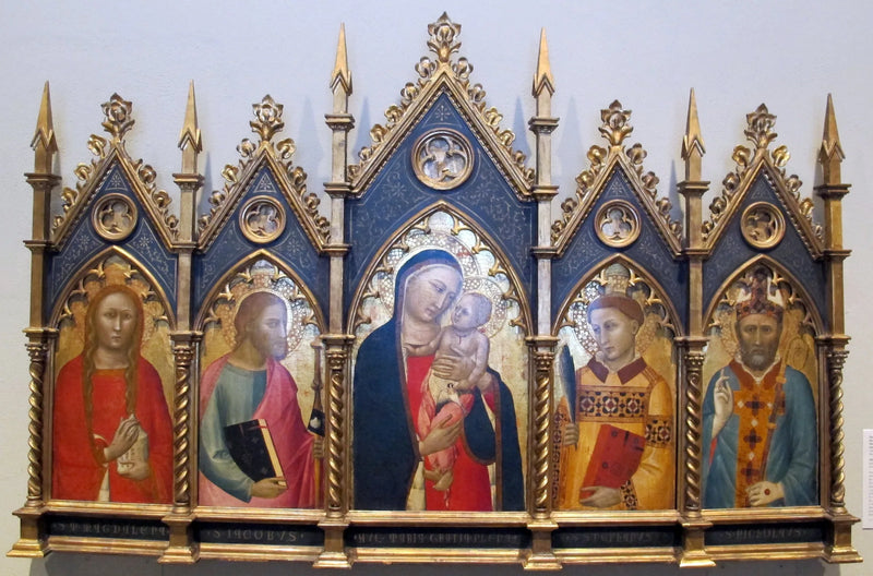 Vergine con il Bambino, con santa Maria Maddalena, san Giacomo Maggiore, san Stefano e un vescovo. - Allegretto Nuzi