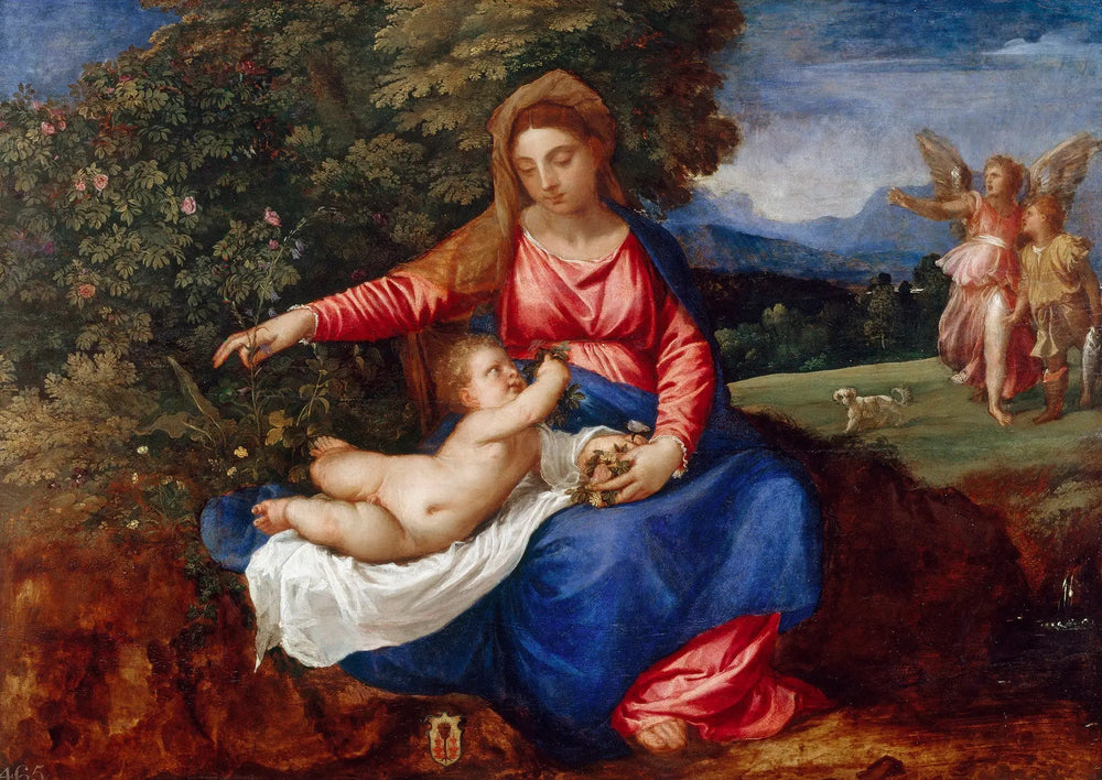 Vierge à l'Enfant dans un paysage avec Tobie et l'ange - Titian image 1 tableau peint à l’huile sur toile
