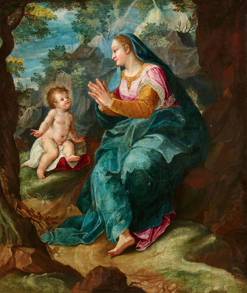 Vergine con il Bambino in un paesaggio roccioso - Denis Calvaert