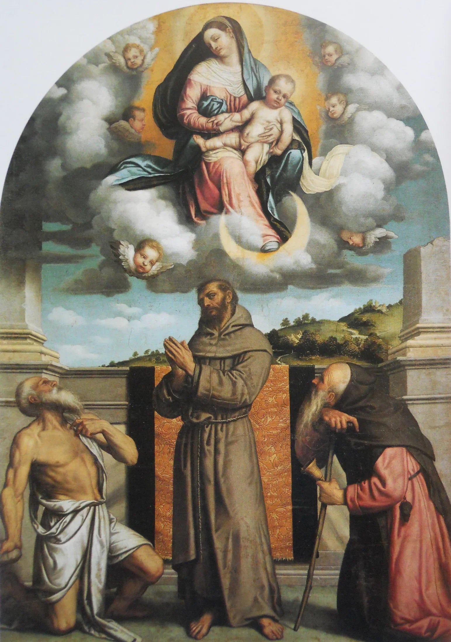 Vierge à l'Enfant en gloire avec saint Jérôme, saint François d'Assise et saint Antoine l'Abbé - Alessandro Bonvicino image 1 reproduction artisanale de tableau