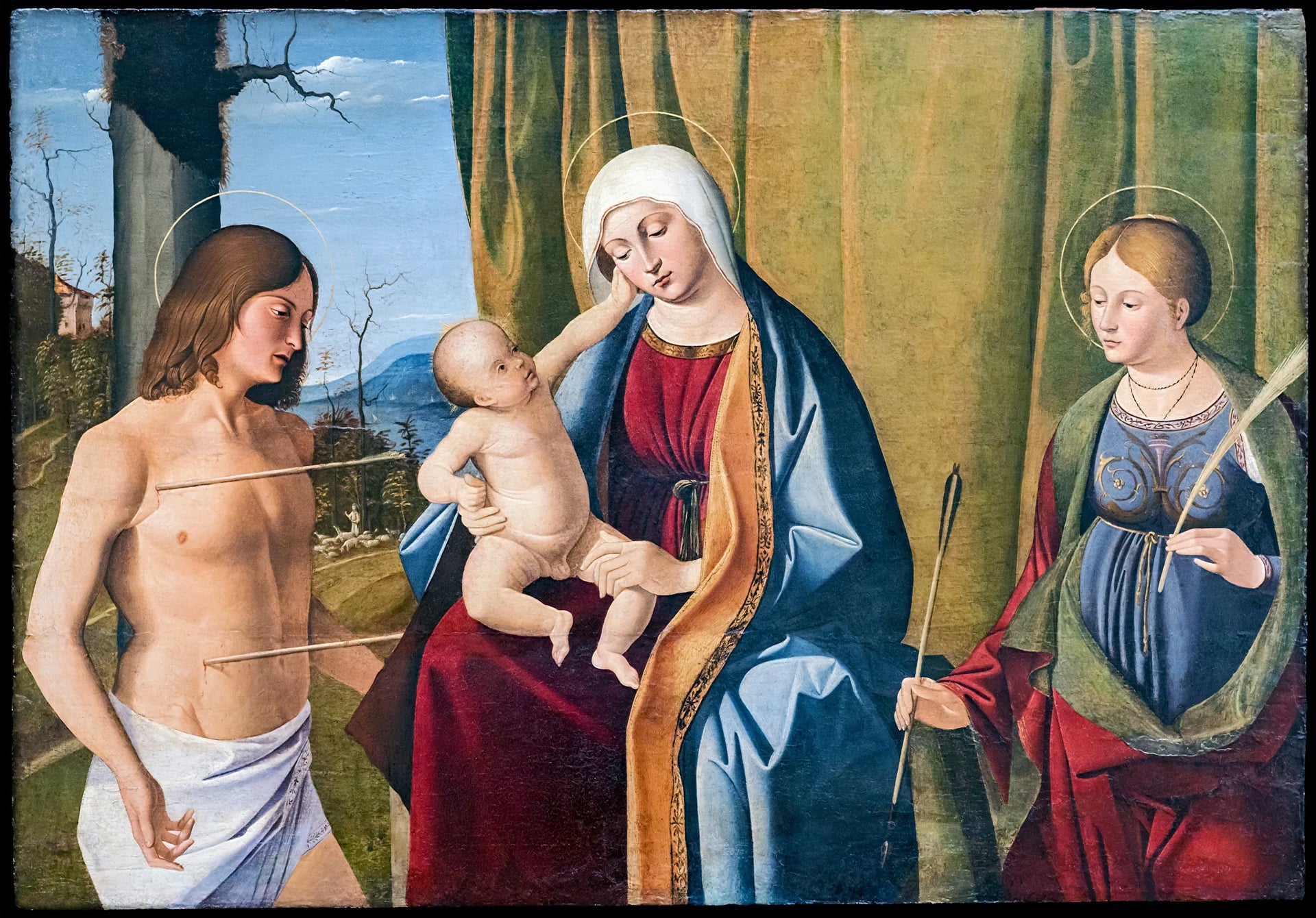 Vierge à l'Enfant entre saint Sébastien et sainte Ursule - Marco Basaiti image 1 tableau peint à l’huile sur toile
