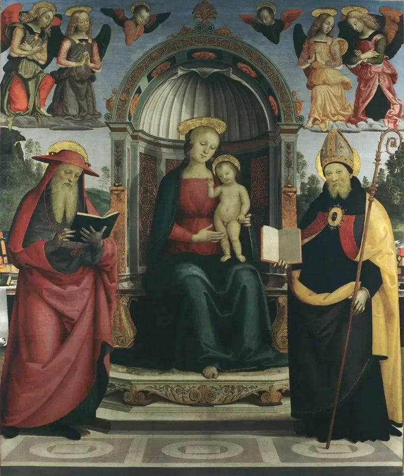 Vergine con Bambino in trono tra san Gerolamo, san Agostino, quattro angeli e due cherubini - Pietro Perugino