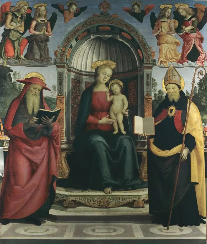 Vergine con Bambino in trono tra san Gerolamo, san Agostino, quattro angeli e due cherubini - Pietro Perugino