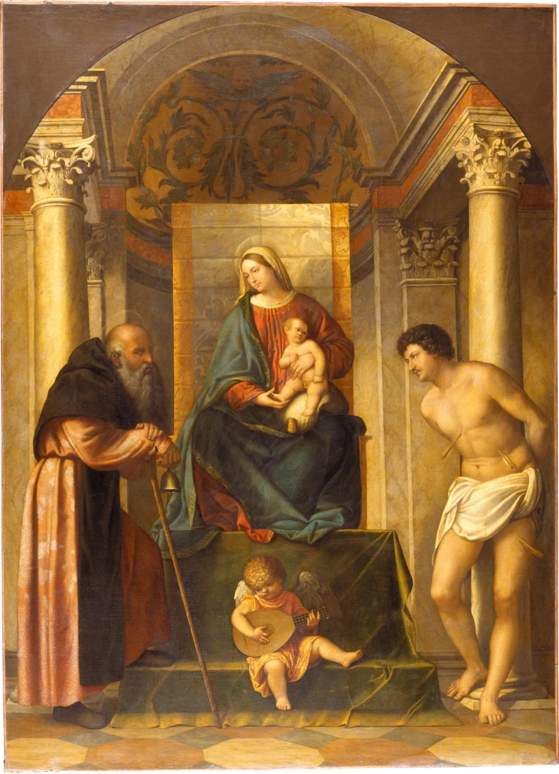 Vergine con il Bambino troneggiante con sant'Antonio l'Abate e san Sebastiano - Alessandro Bonvicino