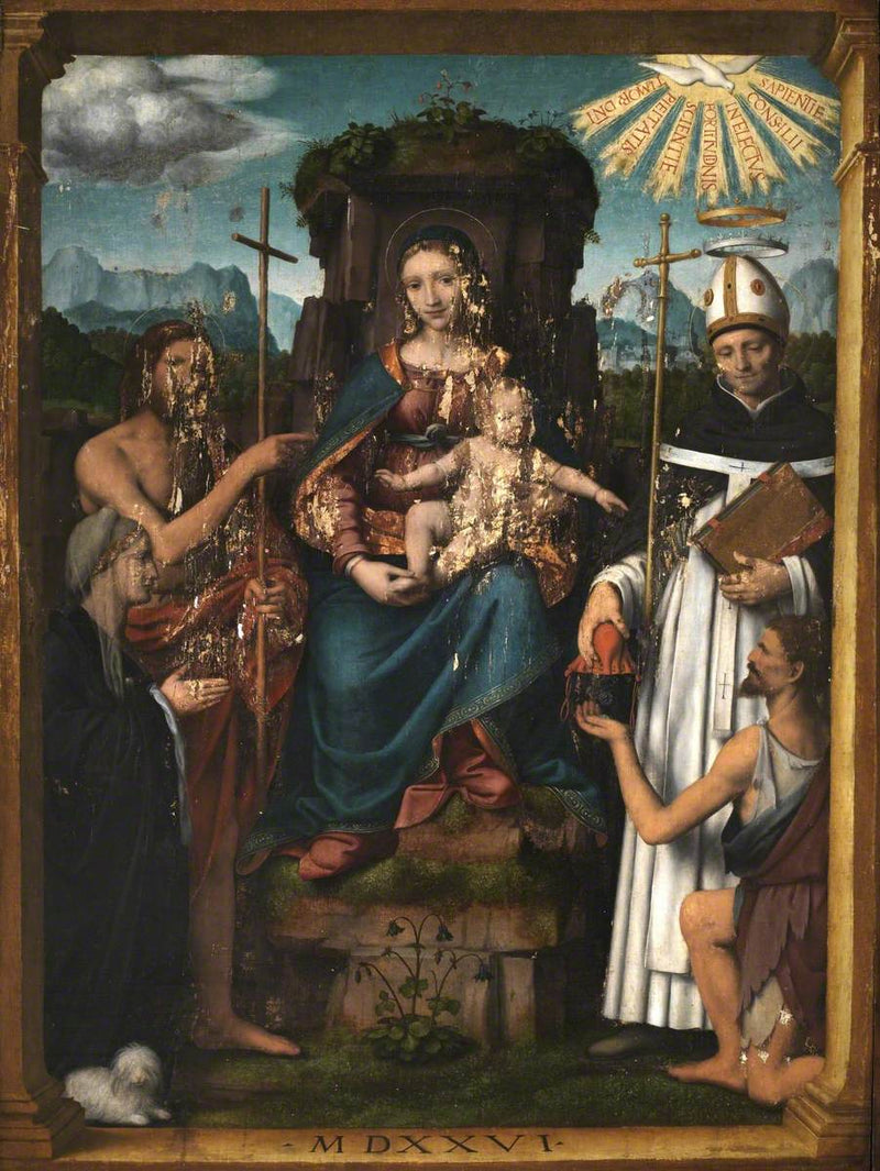 Vergine con il Bambino in trono con san Giovanni Battista, san Antonino, una donatrice e un mendicante - Bernardino Luini