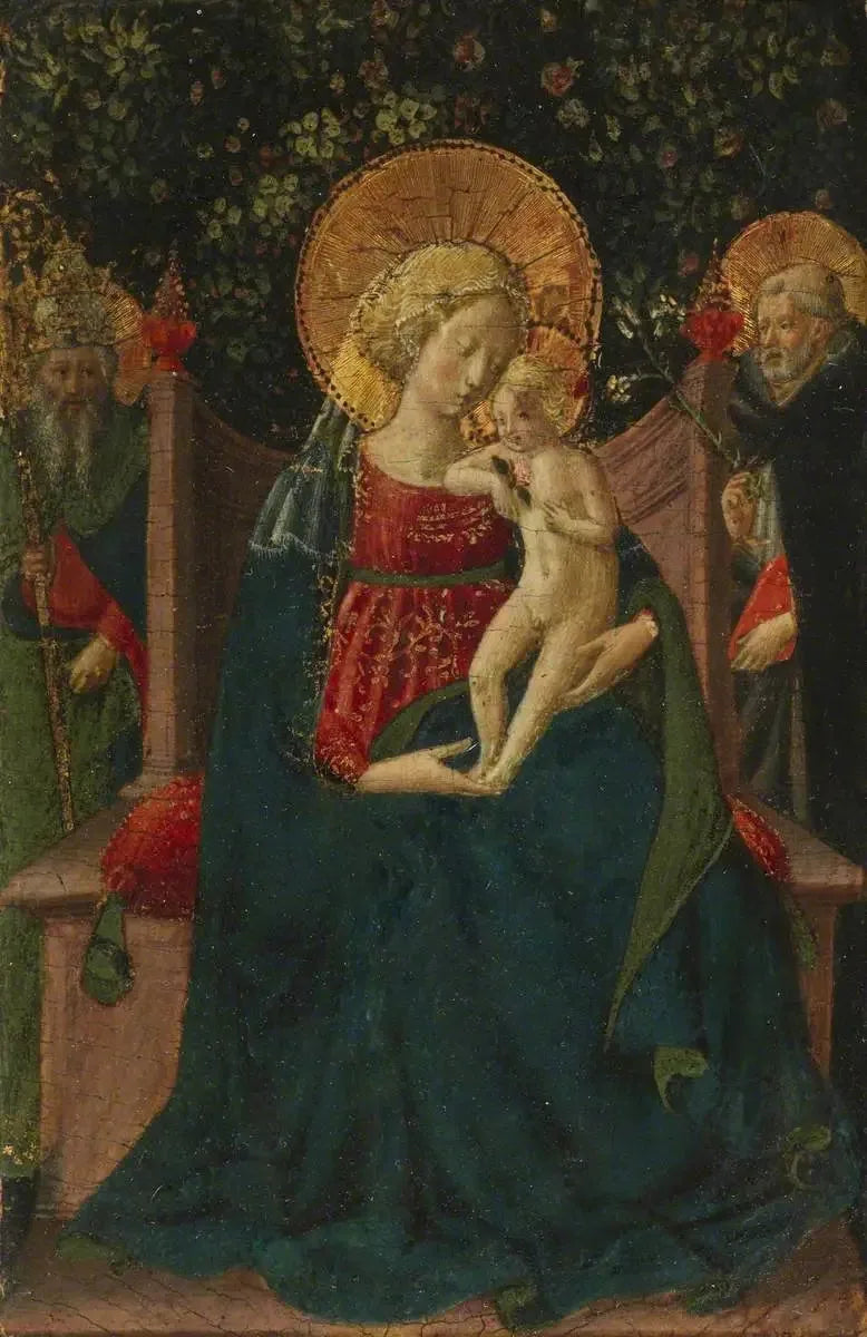 Vergine con il Bambino troneggiante tra san Domenico e un santo papale (precedentemente attribuito a Domenico di Michelino) - Benozzo Gozzoli