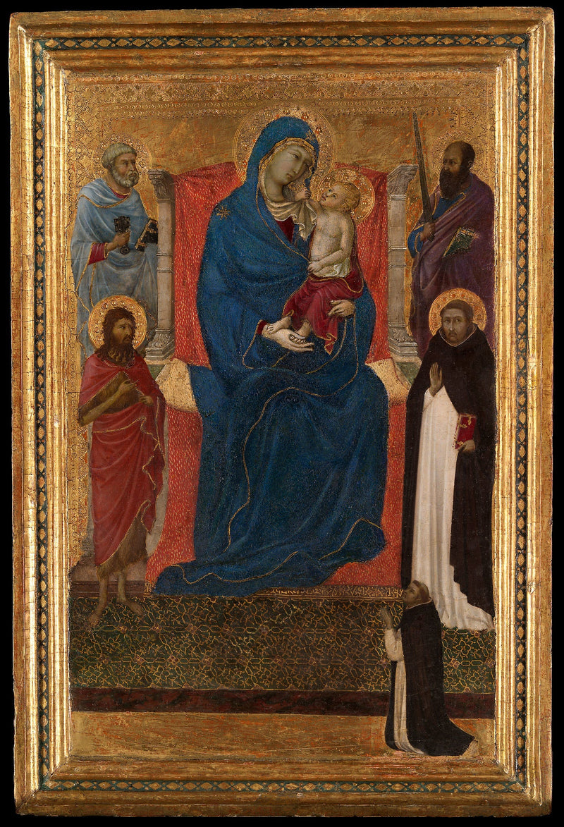Vergine con il Bambino in maestà con san Pietro, san Paolo, san Giovanni Battista, san Domenico e un donatore - Ugolino di Nerio