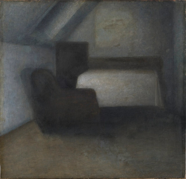 Mansarda con tavolo e sedia - Vilhelm Hammershøi