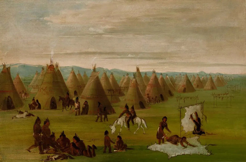 Village comanche, donne in procinto di preparare i loro vestiti e di asciugare la carne - George Catlin