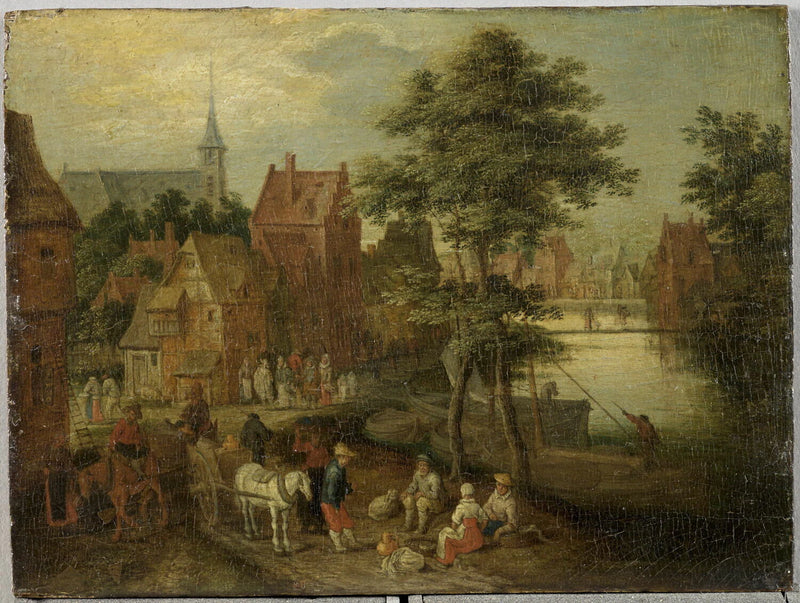 Village de Flandre traversé par une rivière avec des charrettes sur la route - Pieter Gijsels