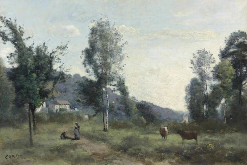 Ville d'Avray, pascolo con, sullo sfondo, una collina nella nebbia - Jean-Baptiste Camille Corot