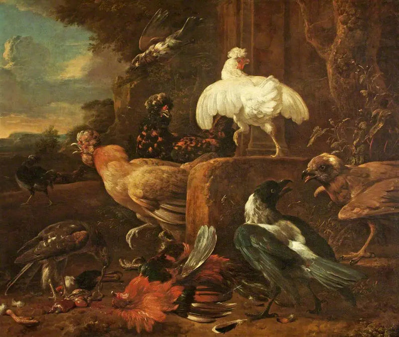 Pollame attaccato da uccelli predatori in un paesaggio - Melchior de Hondecoeter