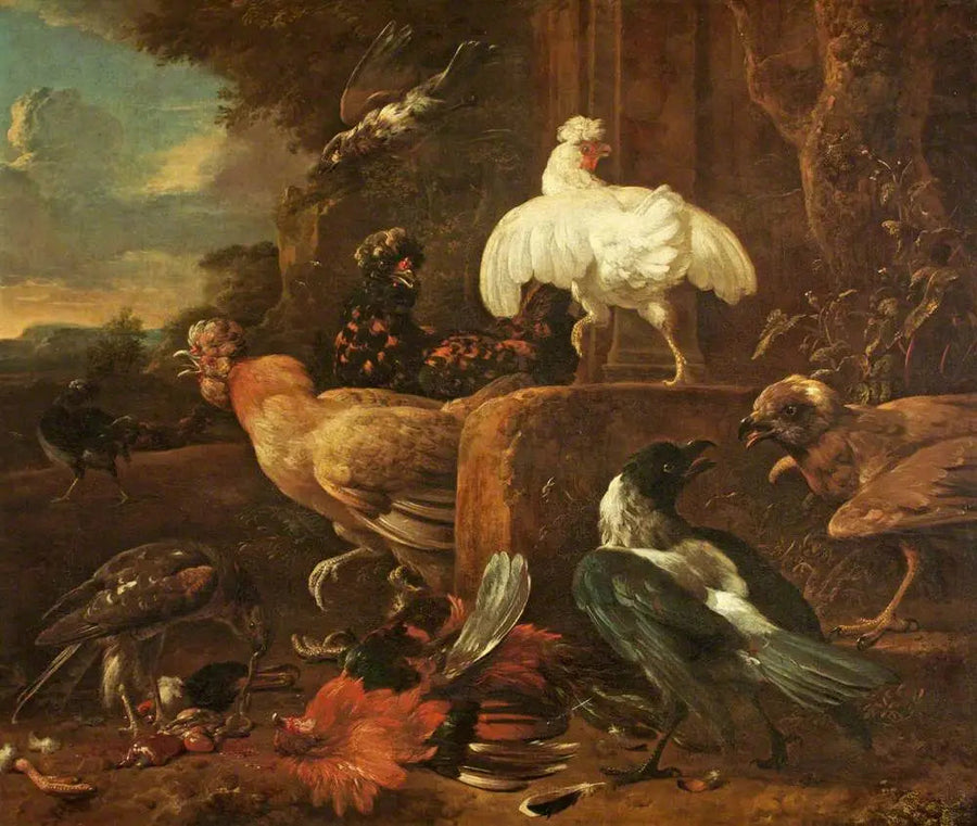 Pollame attaccato da uccelli predatori in un paesaggio - Melchior de Hondecoeter