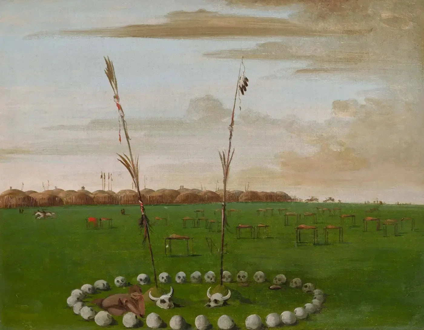 Vue arrière du village de Mandan, montrant le cimetière - George Catlin image 1 copie de tableau peinte à la main