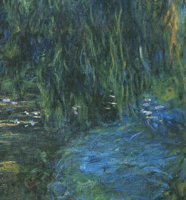 Détail du rideau de saule, des nymphéas et de la rive bleue dans la Vue du bassin W1866 de Claude Monet
