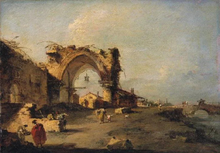 Vista di un borgo con un ponte e una porta gotica monumentale in rovina - Francesco Guardi