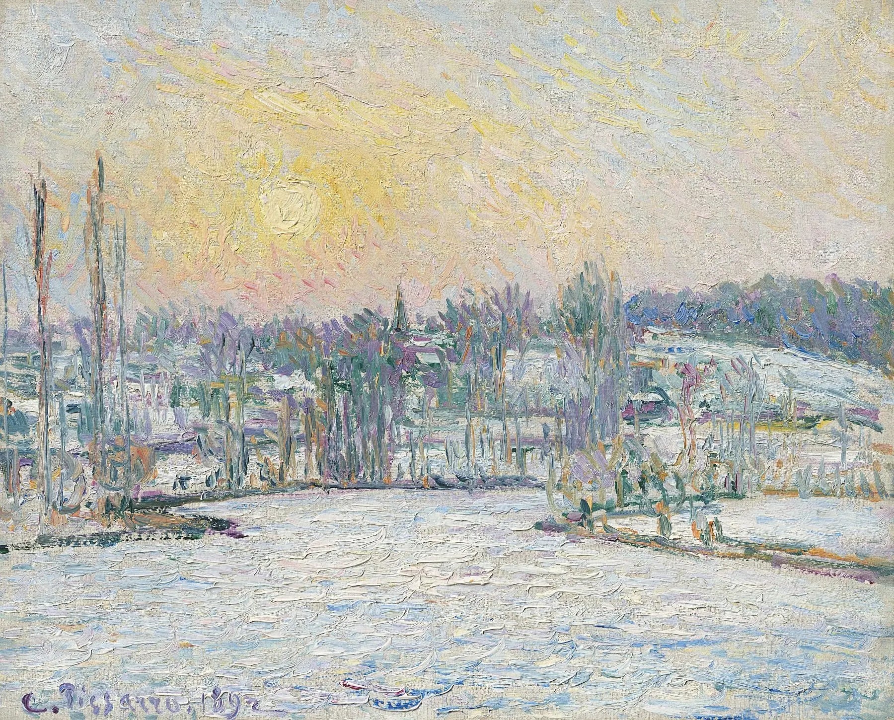 Vue de Bazincourt, effet de neige, soleil couchant - Camille Pissarro image 1 copie de tableau peinte à la main