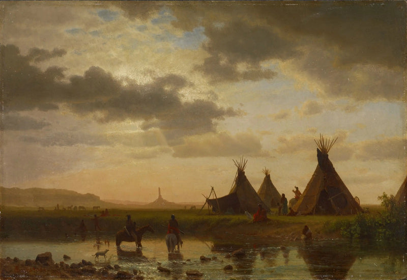 Vista di Chimney Rock, villaggio sioux di Ohalilah in primo piano - Albert Bierstadt