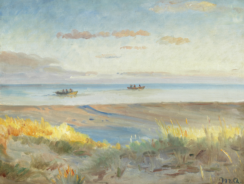 Vista della spiaggia di Skagen al tramonto. Pescatori in barca a remi sul mare. - Michael Peter Ancher