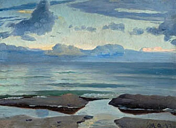 Vista della spiaggia di Skagen con gabbiani all'orizzonte, nel primo pomeriggio. - Michael Peter Ancher