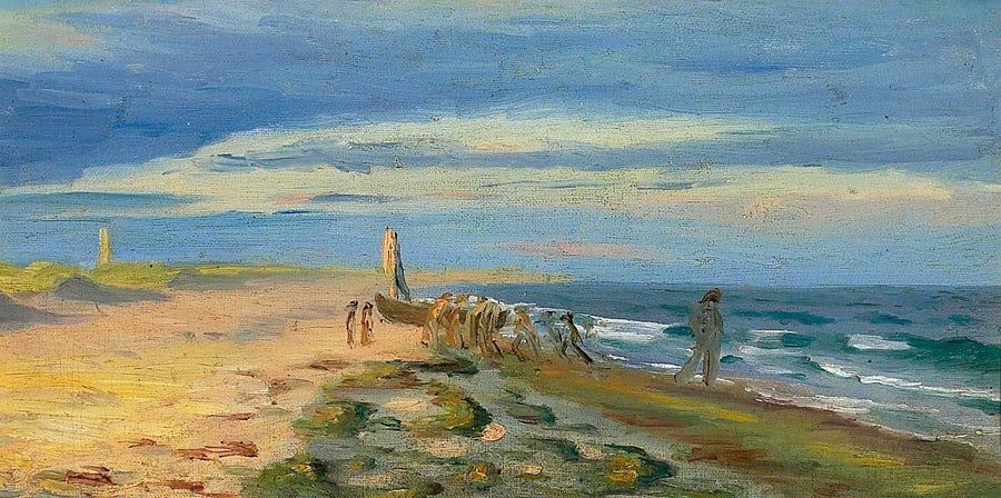 Vista della spiaggia di Skagen con persone a bordo di una barca. Sullo sfondo si erge il faro di Skagen. - Michael Peter Ancher