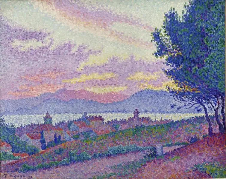 Vista di Saint-Tropez, tramonto nel bosco di pini - Paul Signac
