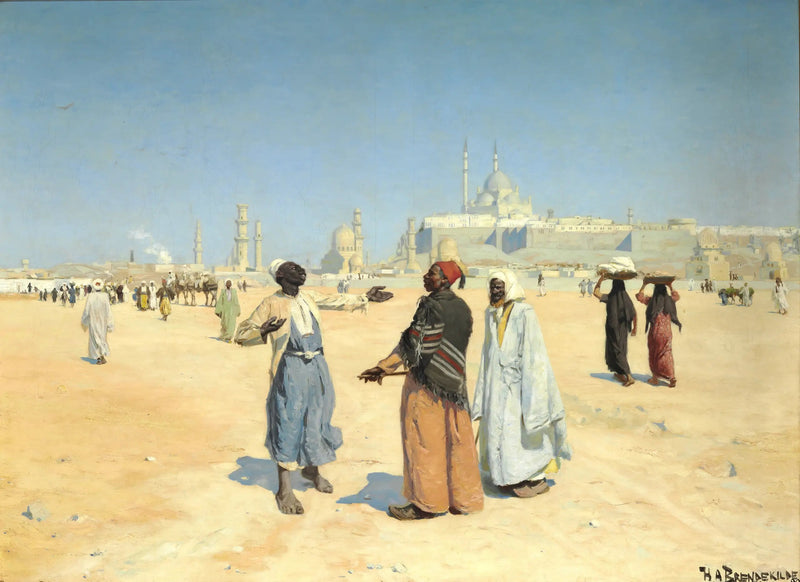 Vista dal deserto del Cairo con la cittadella e le tombe dei mamelucchi sullo sfondo - H. A. Brendekilde